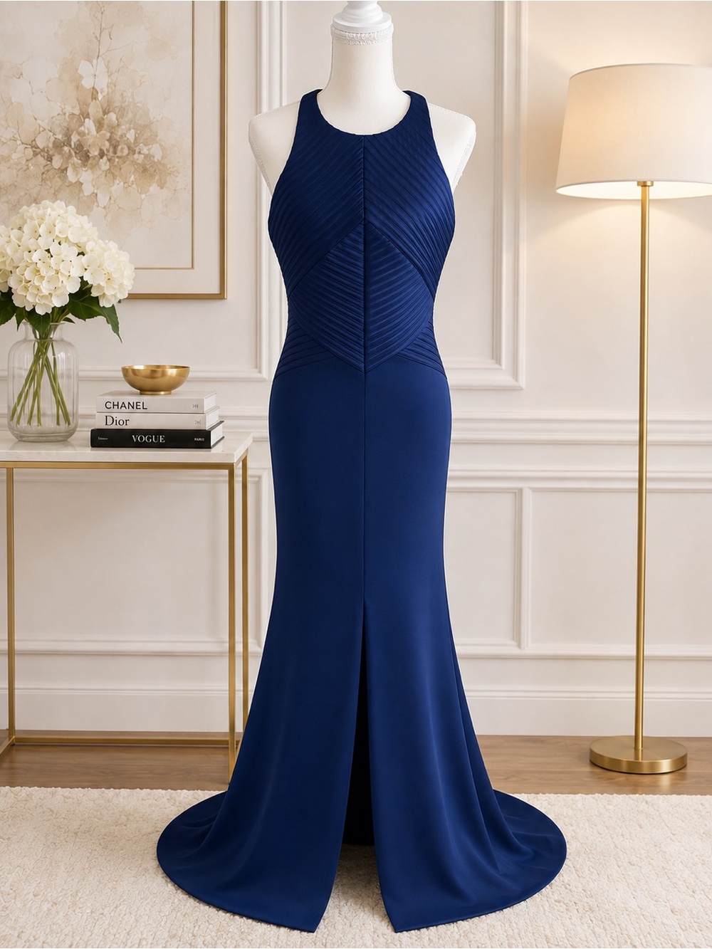 Halston Heritage Navy Pleated Evening Gown Racerback Maxi Dress Size 8 NWT